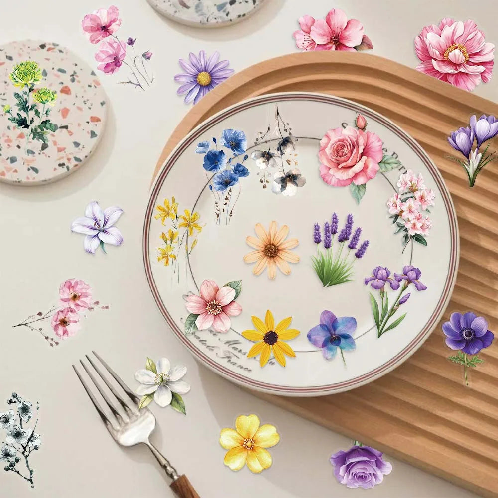 200PCS Cartoon Transparent PET Plastic Beautiful Flower Graffiti Stickers Luggage Guitar Notebook Stationery Decor Waterproof