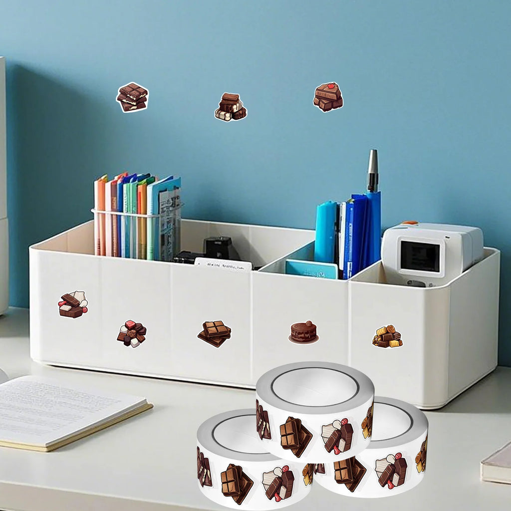 1Roll(500Pcs) Sweet Chocolate Dessert Pattern Stickers 2.5cm/1.0'' 8 Designs Decals Diy Adorn Gifts Suitable for Gift Home Decor