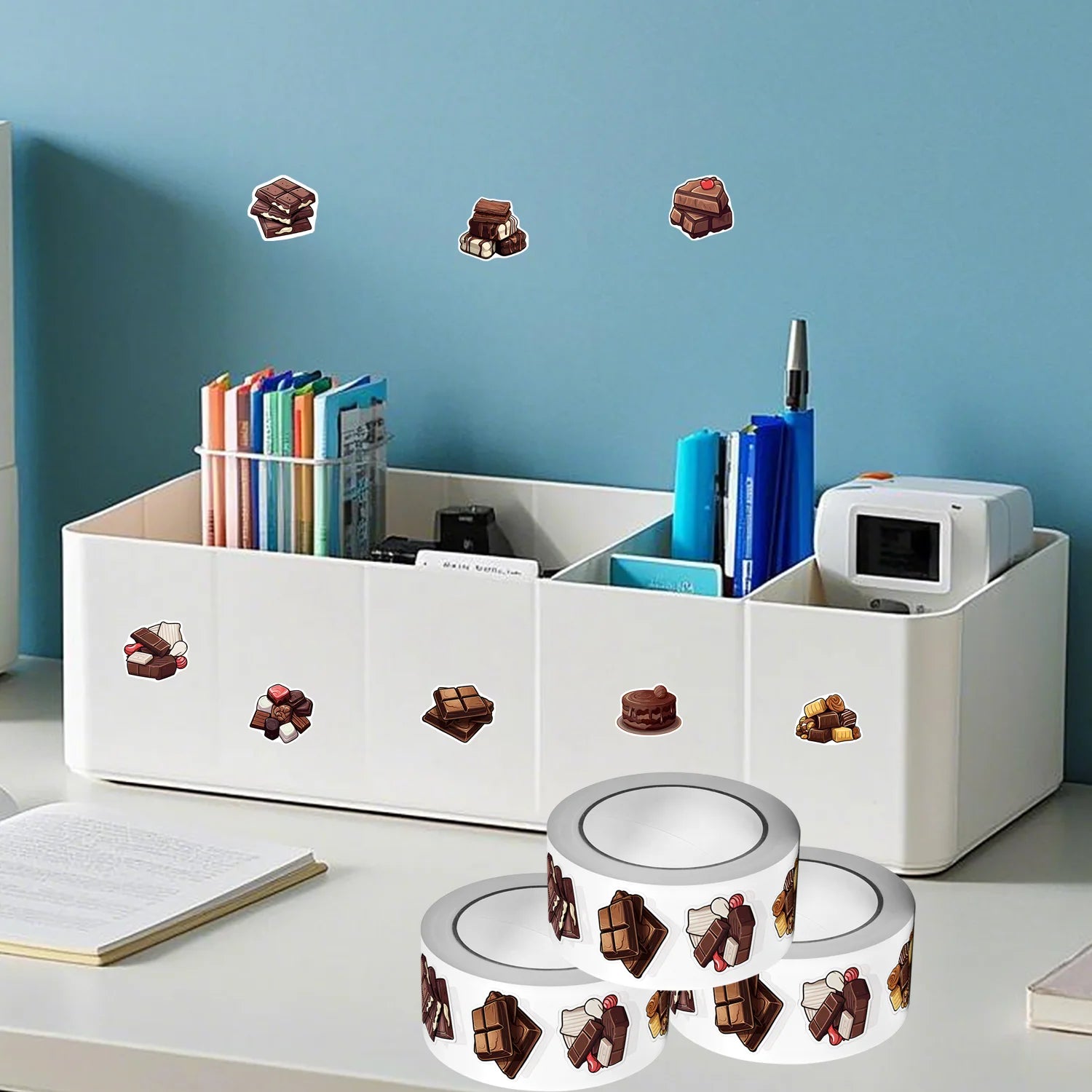 1Roll(500Pcs) Sweet Chocolate Dessert Pattern Stickers 2.5cm/1.0'' 8 Designs Decals Diy Adorn Gifts Suitable for Gift Home Decor