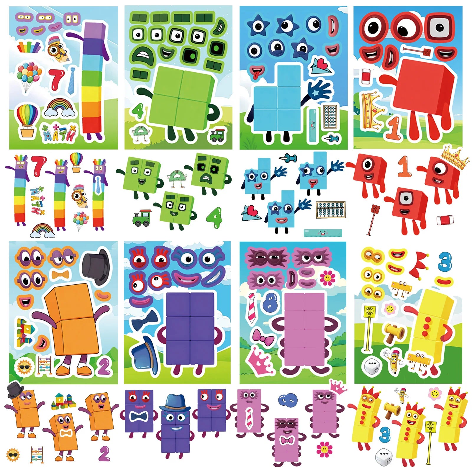 8/16 Pcs Cartoon Number Block Puzzle Make A Face Stickers Educational DIY Game for Laptop Desk Toy Shelf Drawer Shoe Rack Decals