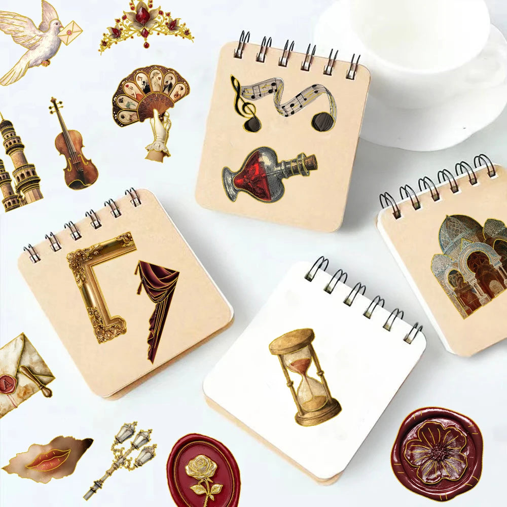 50PCS Retro European Court Style Red Gold Decorative Stickers Computer Scrapbook Refrigerator Phone Case Decorative Stickers