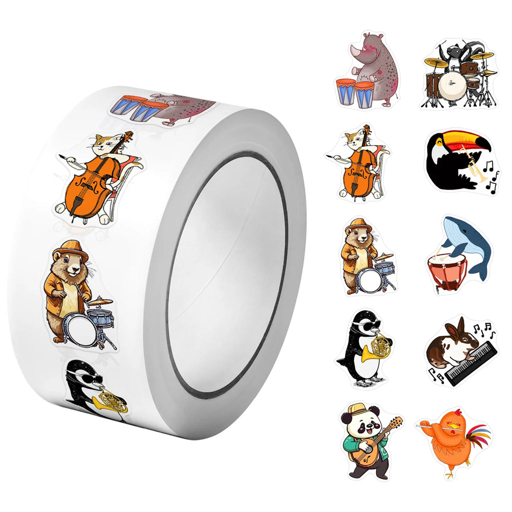 1Roll(500Pcs) Cute Animals Band Group Pattern Stickers 2.5cm/1.0'' 10 Designs Decals Diy Adorn Gifts Packs Home Decor Seal Label