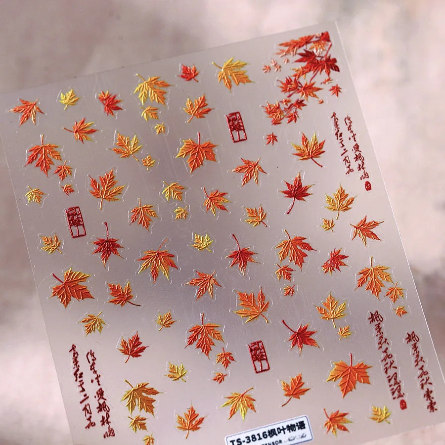 Autumn Fall Nail Art Maple Leaf Stickers 3D Red Leaves Stickers For Nails Art DIY Self Adhesive Manicure Decoration Decals DIY