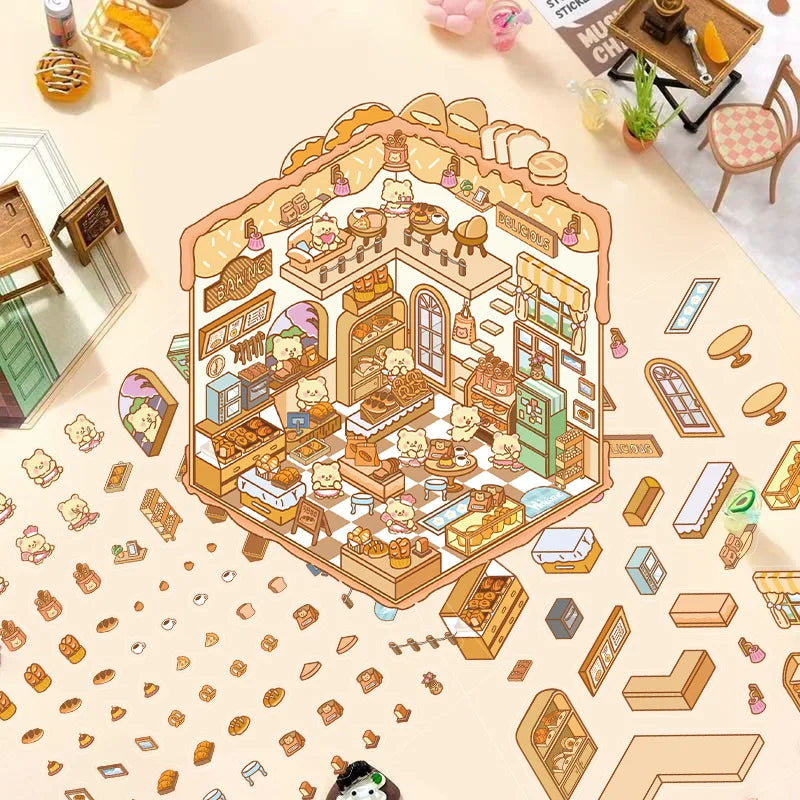 3D Cartoon Landscape Stickers Bear Bakery Miniature World 3D Small House Decompression DIY Scene Hand Account Stickers