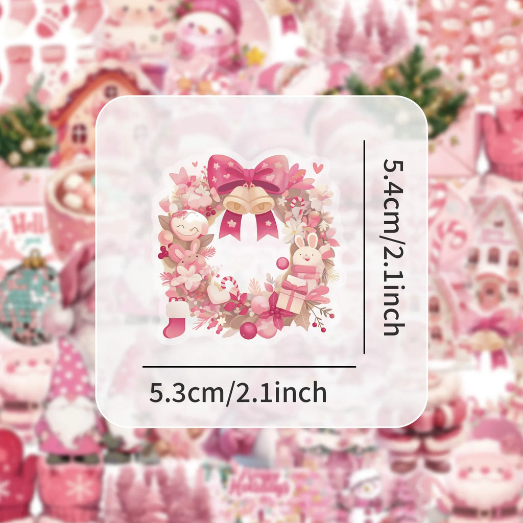 50PCS Transparent Plastic PET Pink Christmas Stickers Santa Claus Holiday Stationery Pen Holder Children's Reward Decor Stickers