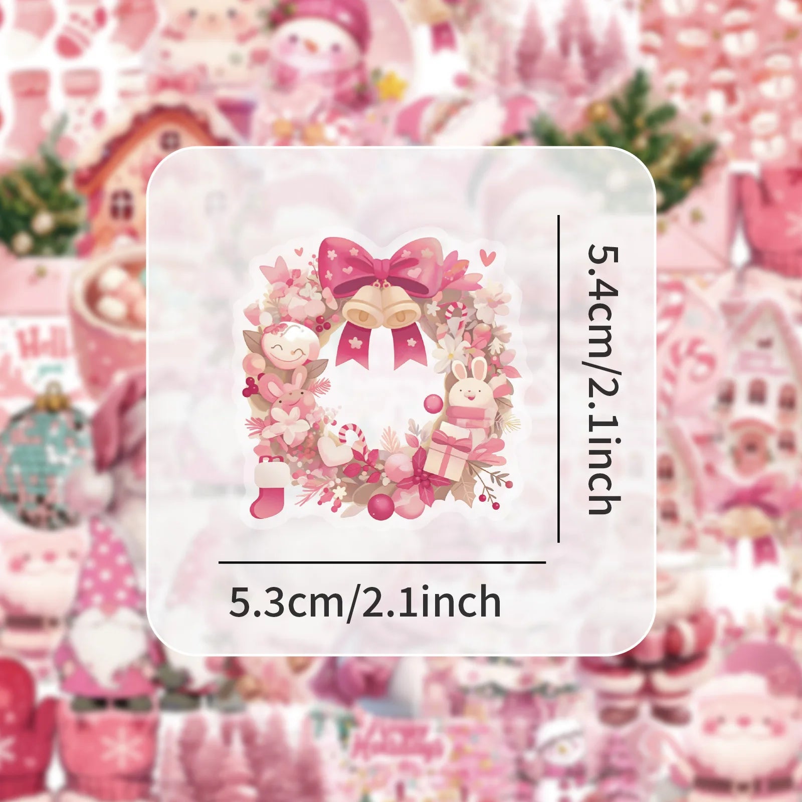50PCS Transparent Plastic PET Pink Christmas Stickers Santa Claus Holiday Stationery Pen Holder Children's Reward Decor Stickers