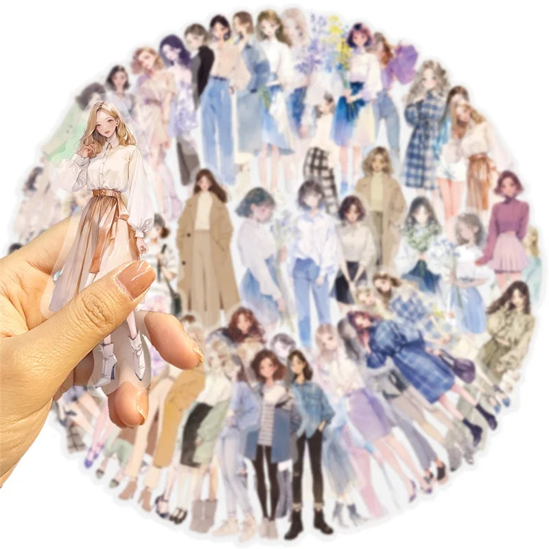 50PCS Kawaii Fashion Girl PET Sticky Sticker Aesthetic Korean Stationery DIY Decoration Scrapbooking School Supplies for Kids