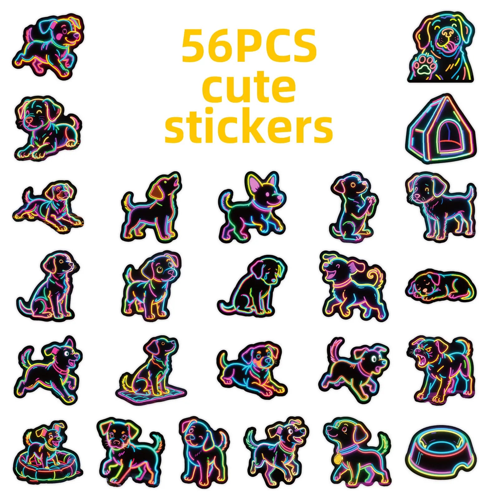 56/112PCS Neon Cartoon Dog Graffiti Stickers Creative Colorful Lantern Cartoon Dog Notebook Water Cup Decoration Stickers