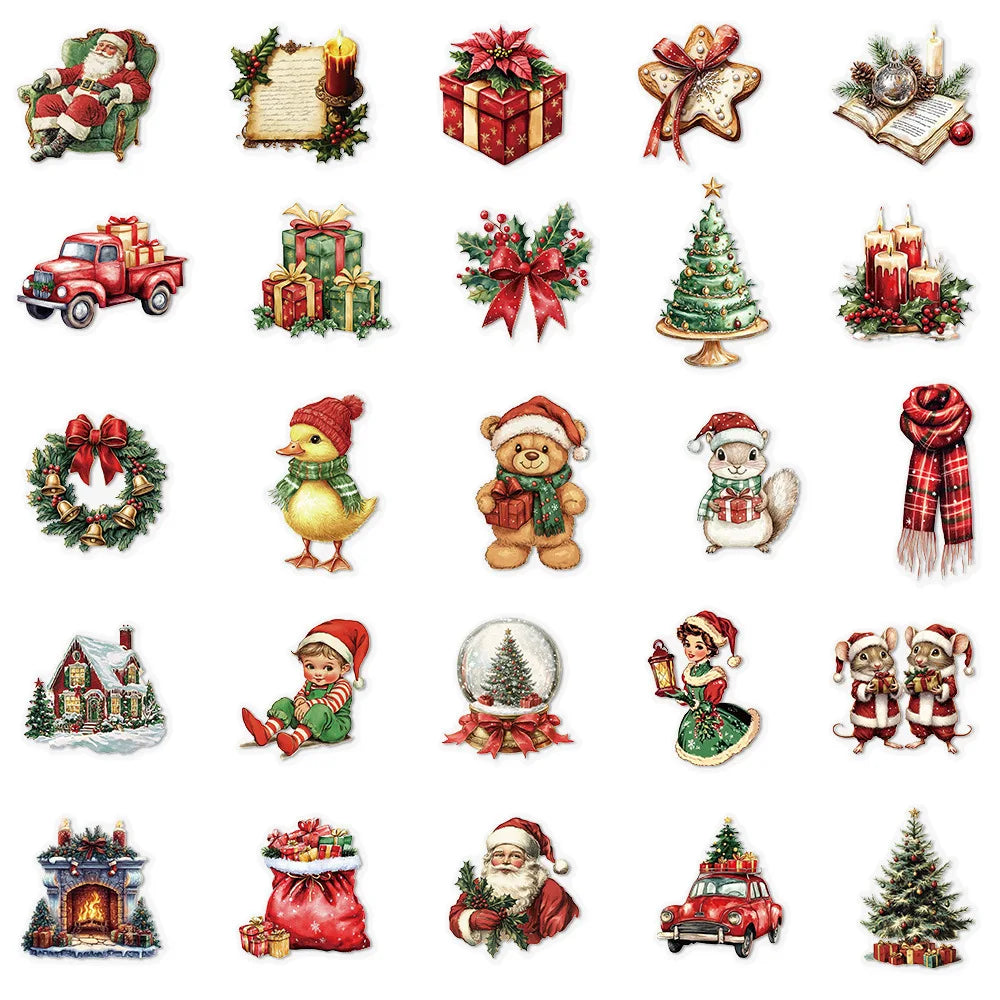 50PCS Retro Christmas Stickers PET Transparent Waterproof DIY Decorative Hand Account Phone Water Cup Tablet Stickers