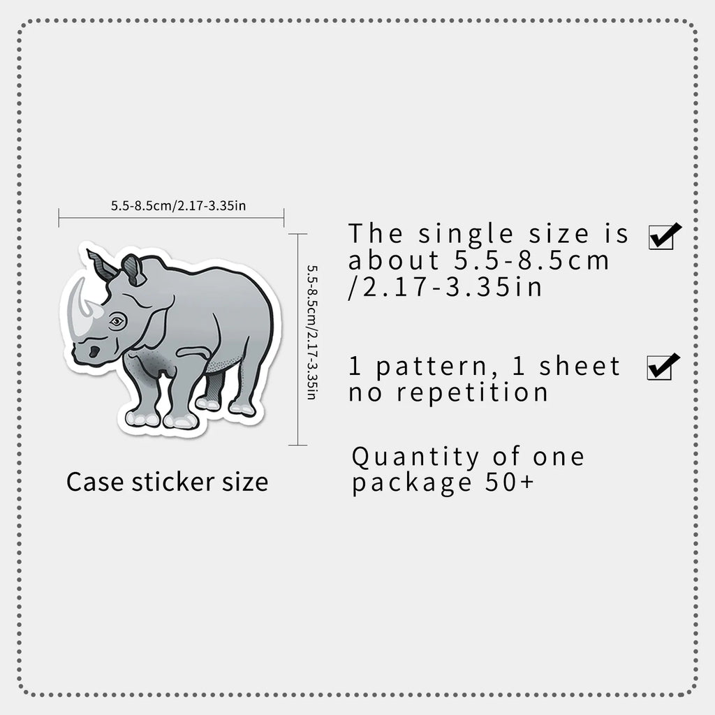 50-Pack Waterproof Rhino Cartoon Animal Graffiti Stickers for DIY Notebook Mobile Phone Luggage Decoration