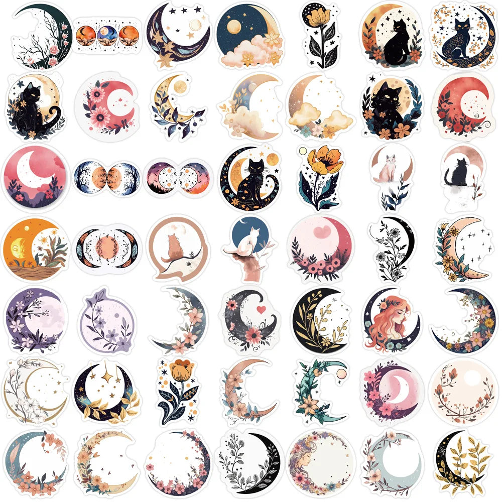 50PCS Cartoon Moon With Flower And Cat Stickers for Kids Bedroom Luggage Decals Scrapbook Stationery Laptop Fridge