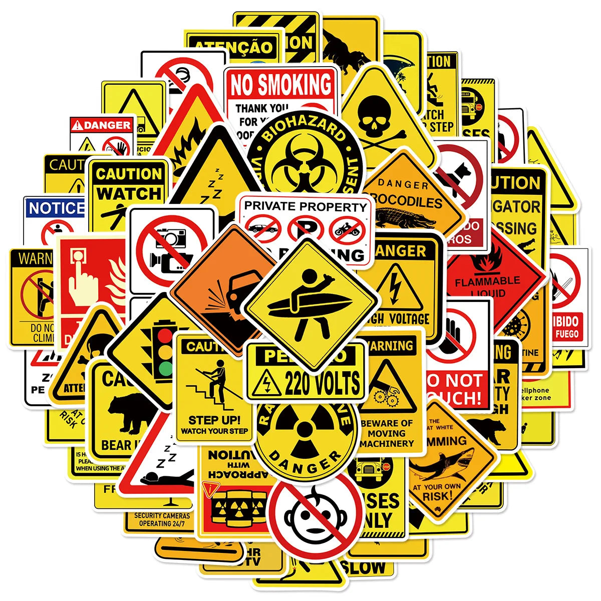 60-Piece Fun Warning Sign Graffiti Stickers for Phone Case Notebook Luggage Car Decorative Decals