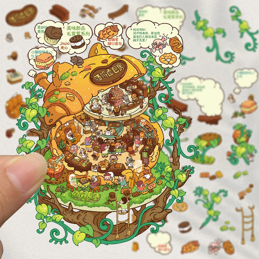 3PCS Meow Bread House Print Scenery Sticker Notebook Aesthetic Gifts Coffee Stationery Home Motorcycle Casual Gifts Stickers