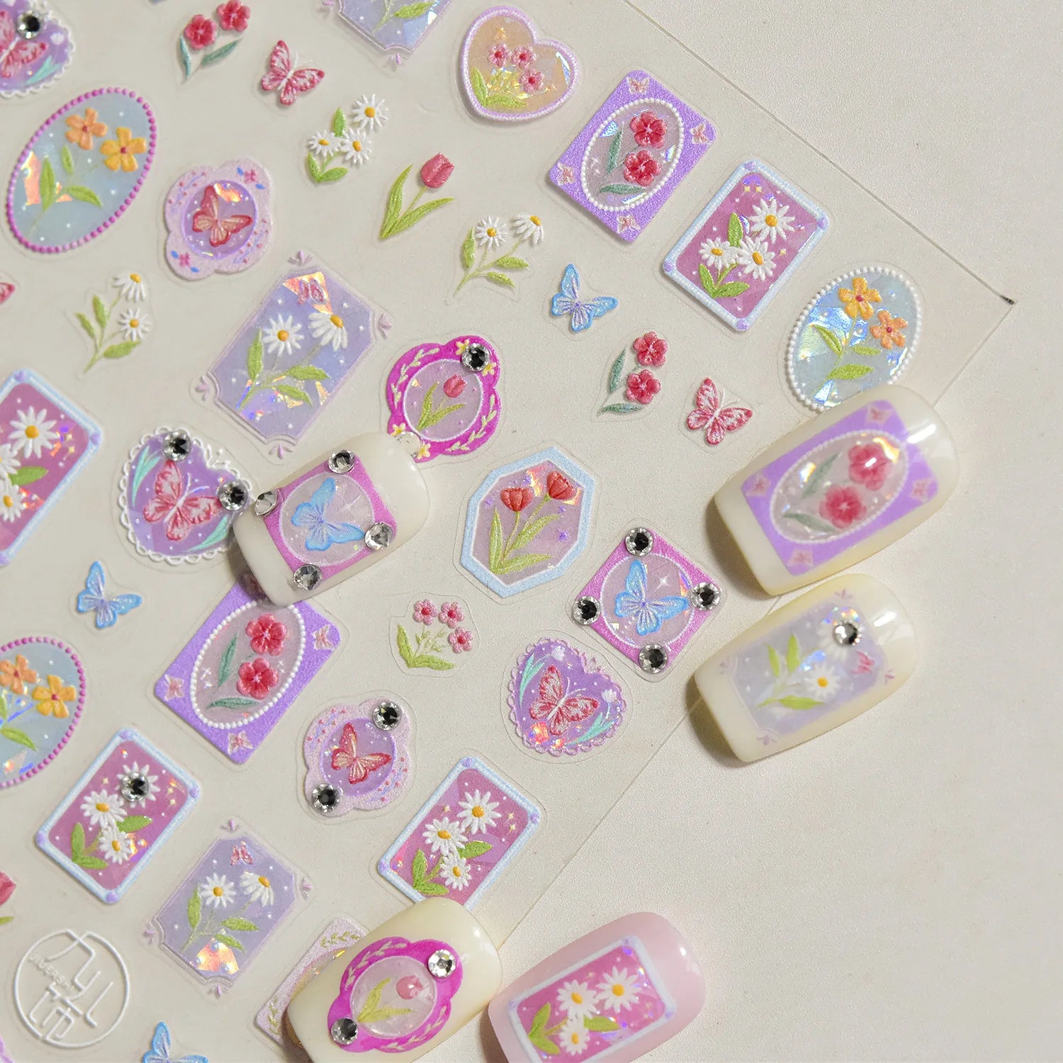 Colorful Daisy Frame Nail Decoration Stickers 5D Crystal Diamond Nail Art Stickers DIY Self Adhesive Bow Flowers Manicure Decals