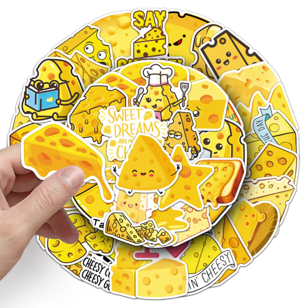 50PCS Cheese Cartoon Stickers, Student Stationery Journal Organizer Box Waterproof Decorative Art Stickers