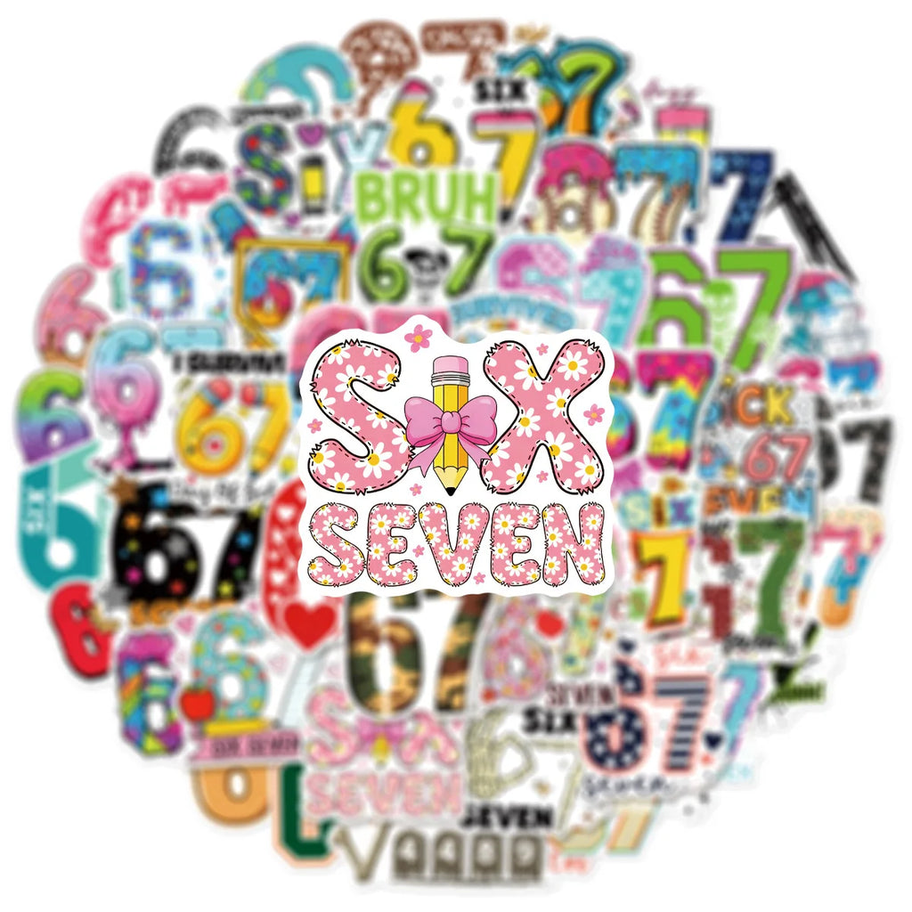 50/100 Pcs Unique Fun Colorful Number 67 Doodle Stickers DIY Game for Skate Helmet Cup Phone Waterproof Decals