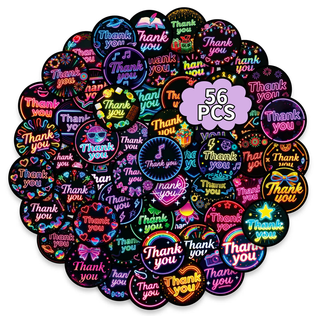 50/100PCS Colorful Neon Thank You Stickers English Decorative Stickers Waterproof Laptop Stationery Reward Stickers