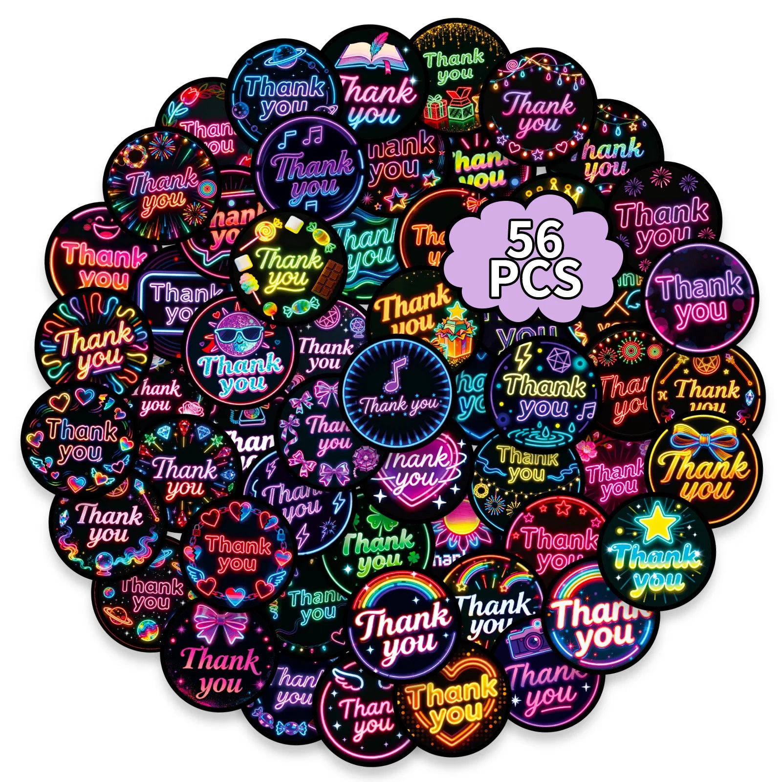 50/100PCS Colorful Neon Thank You Stickers English Decorative Stickers Waterproof Laptop Stationery Reward Stickers