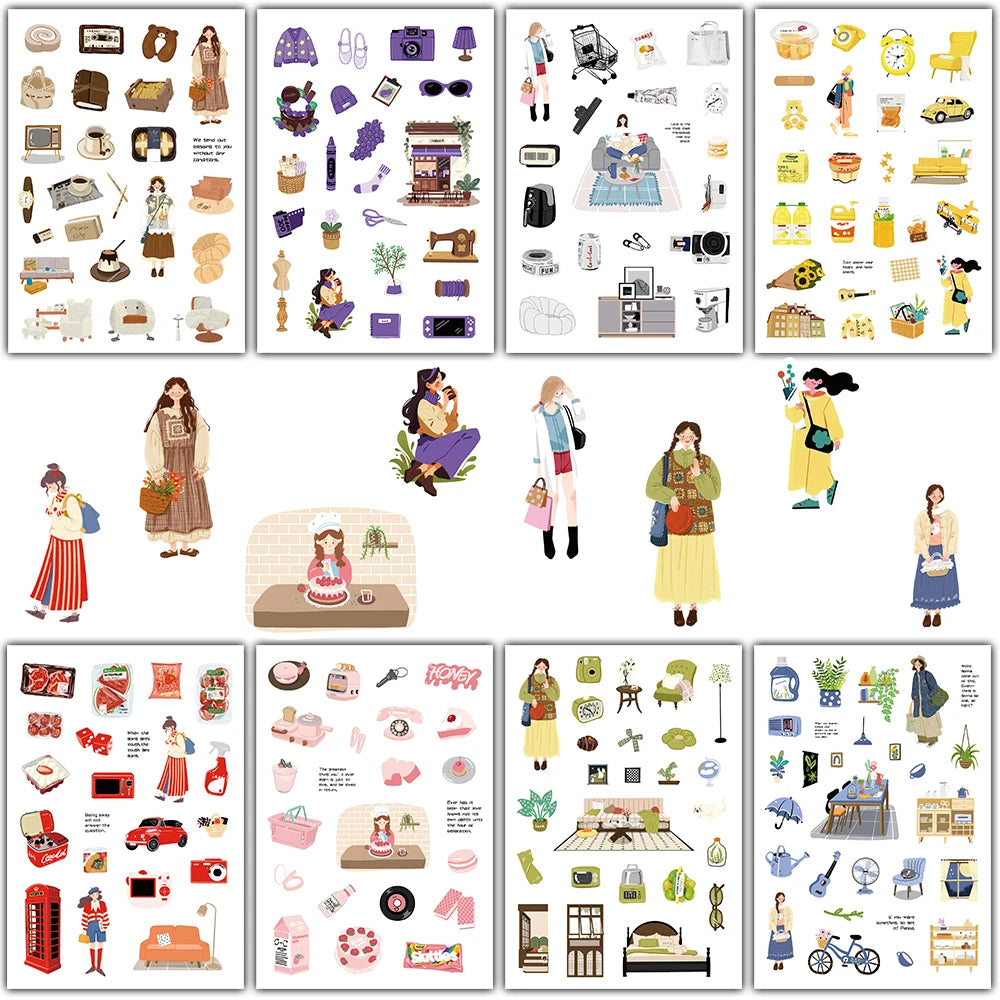 8PCS Kawaii Weekend Life DIY Cartoon Collages Harajuku Sticker Suitcases Healing Lazy Hand Account Materials Phone Sticker