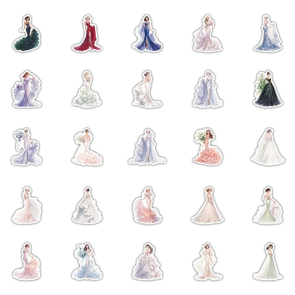 50/100 Pcs Cute Bride in Wedding Dress Stickers for Cup Wardrobe Fridge Stationery Box Guitar Piano Lunch Box Reward Decals