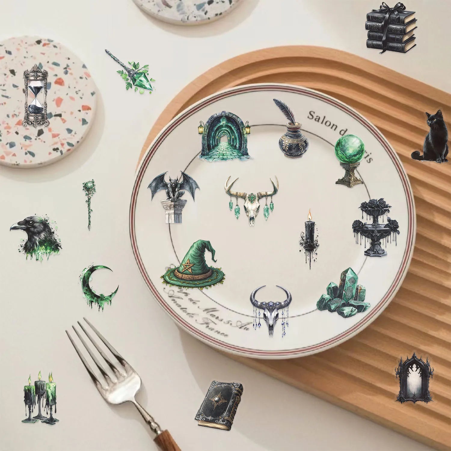 100PCS Black Retro Magic Forest Witch Series Stickers DIY Decorative Flat Transparent Stickers