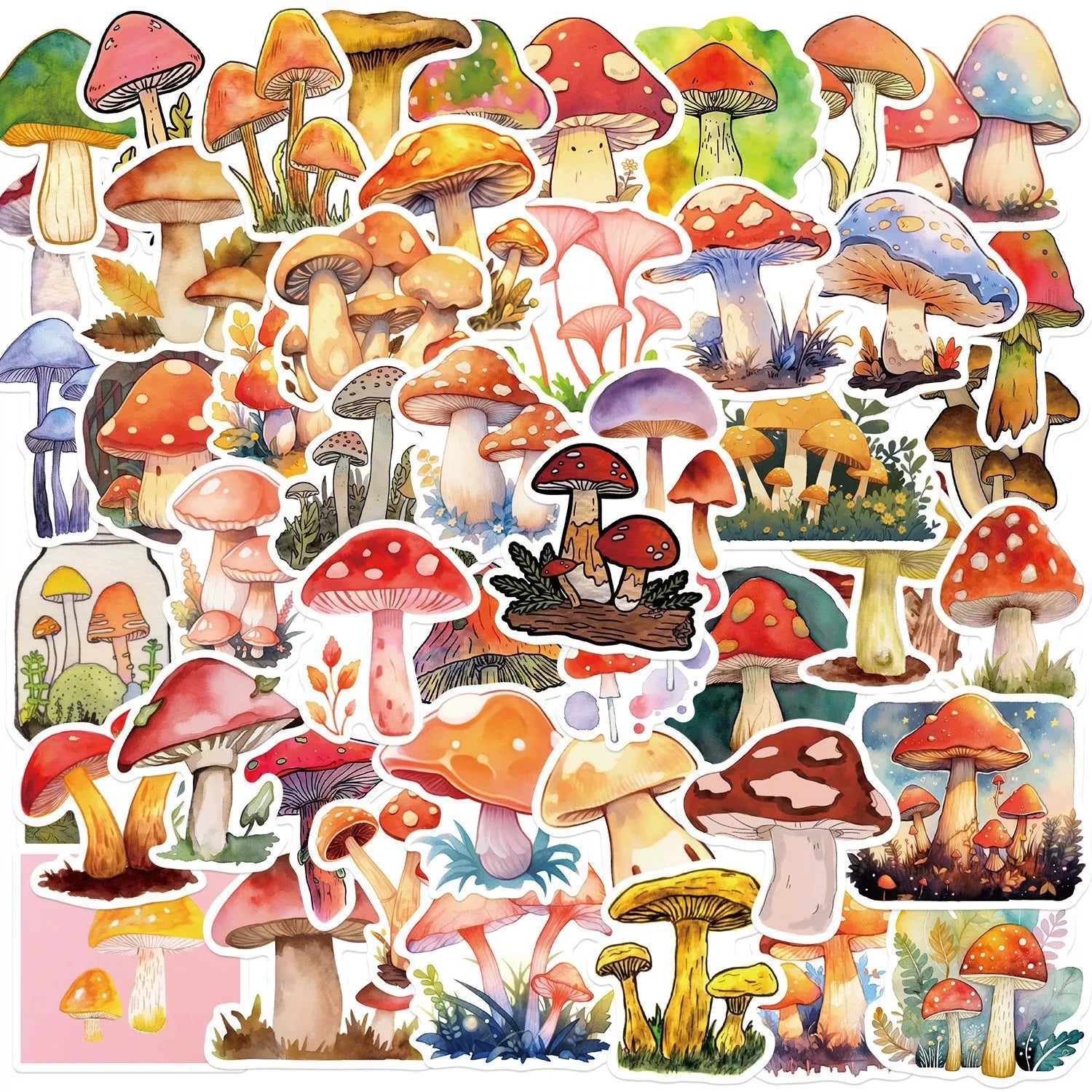50/200PCS Cartoon Watercolor Mushroom Graffiti Stickers Luggage Guitar Notebook Stationery Decoration Waterproof Stickers