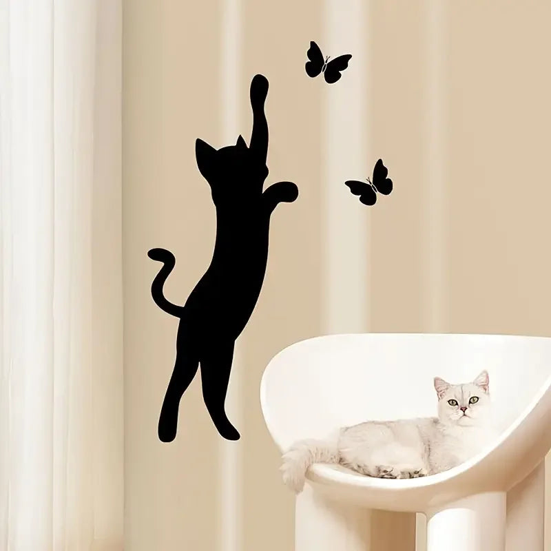 Removable Self-Adhesive Wall Stickers Featuring a Black Cat with a Butterfly Design, Suitable for Decorating Walls in Bedrooms,