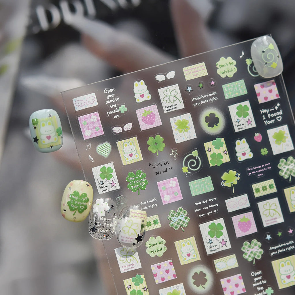 Strawberry Rabbit Nails 3D Decorations Stickers 3D Four-leaf Clover Self Adhesive Nail Art Stickers DIY Manicure Accessory Decal