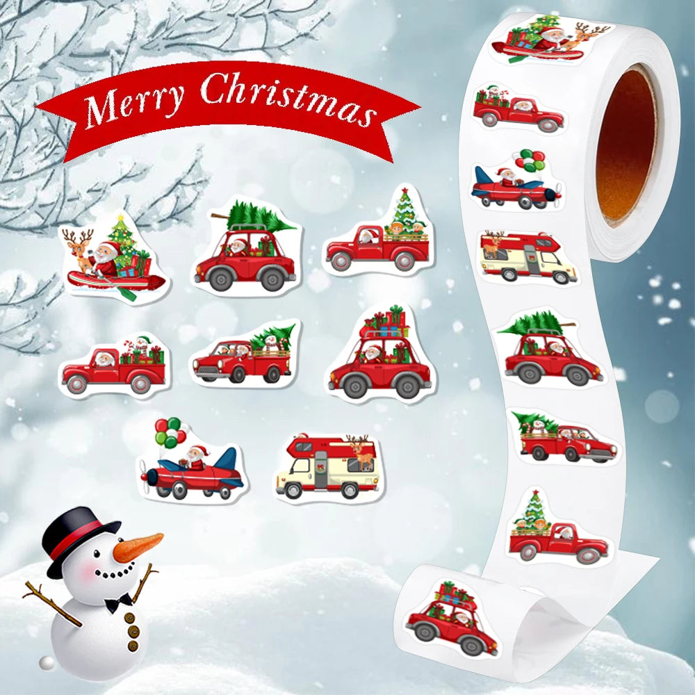 500Pcs/Roll Heterotypic Christmas Themed Santa Claus Transportation Stickers 8 Designs 2.5cm/1.0'' DlY Graffiti Holiday Labels