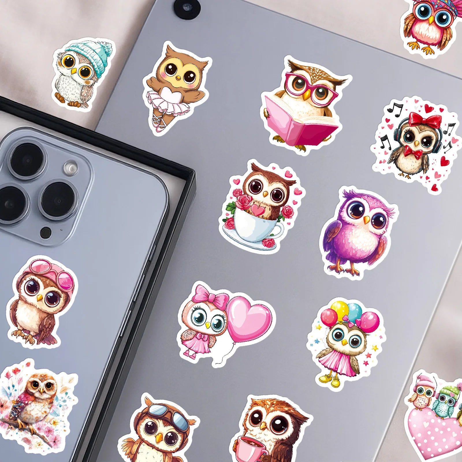 56/112 Pcs Pink Big Eye Owl Cute Doodle Stickers DIY for Scrapbook Notebook Stationery Box Phone Lunch Box Reward Decals