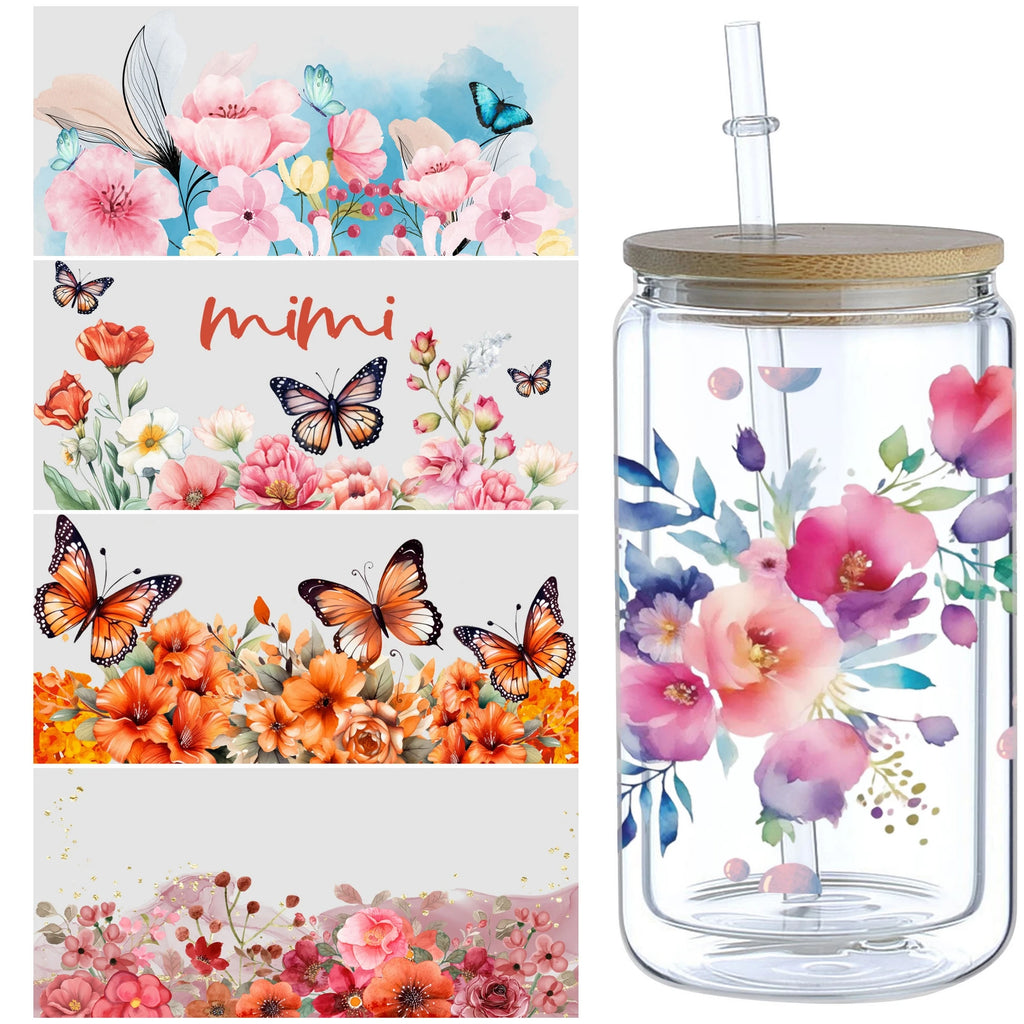 5 Sheets Plant UV DTF Cup Stickers, DTF Friction Transfer Stickers, Waterproof Butterfly Transfer Stickers for 16oz Glass Cups