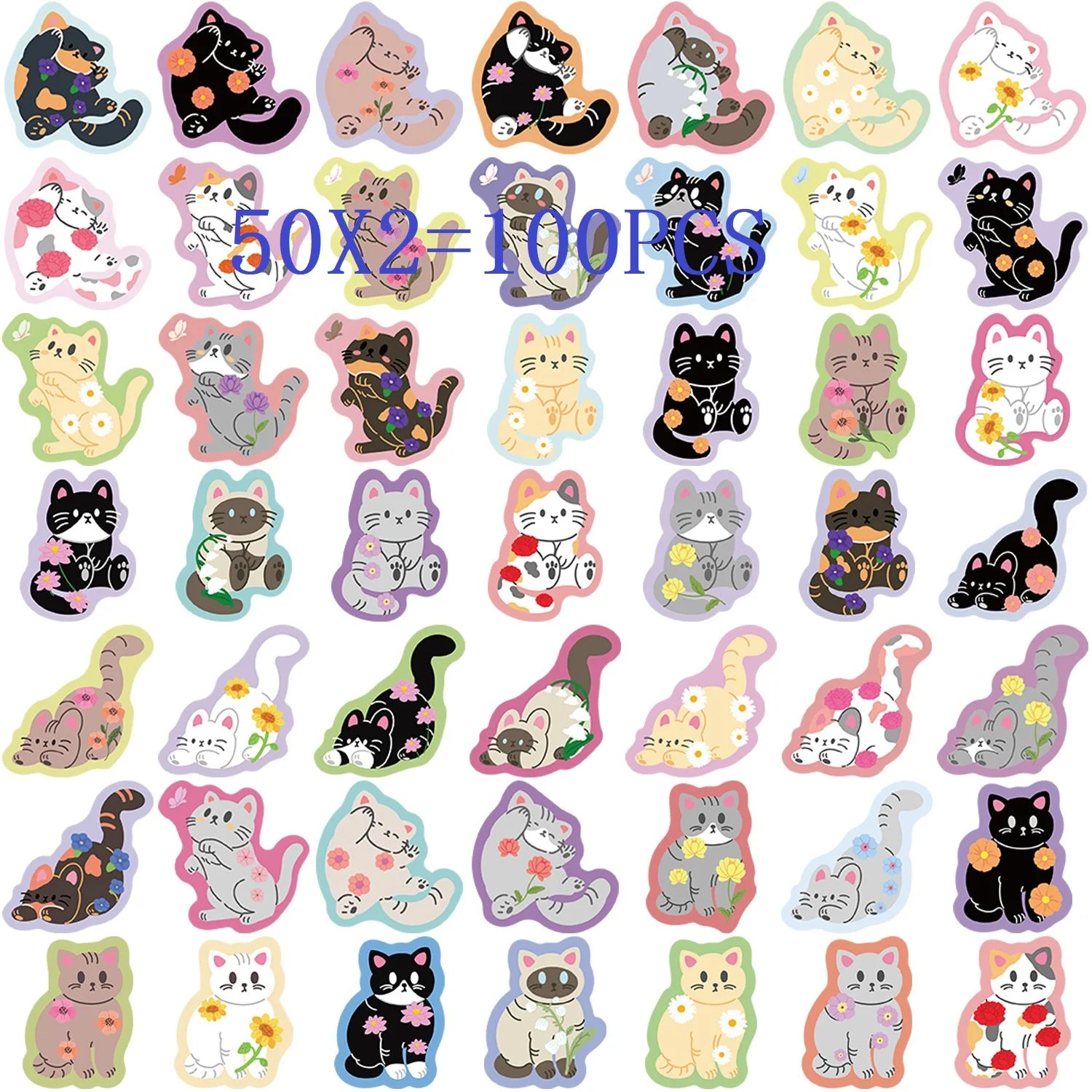 50/100PCS Colorful Edge Flower Cat Cartoon Image Graffiti Stickers Trolley Box Diary Waterproof Stationery Decorative Sticke