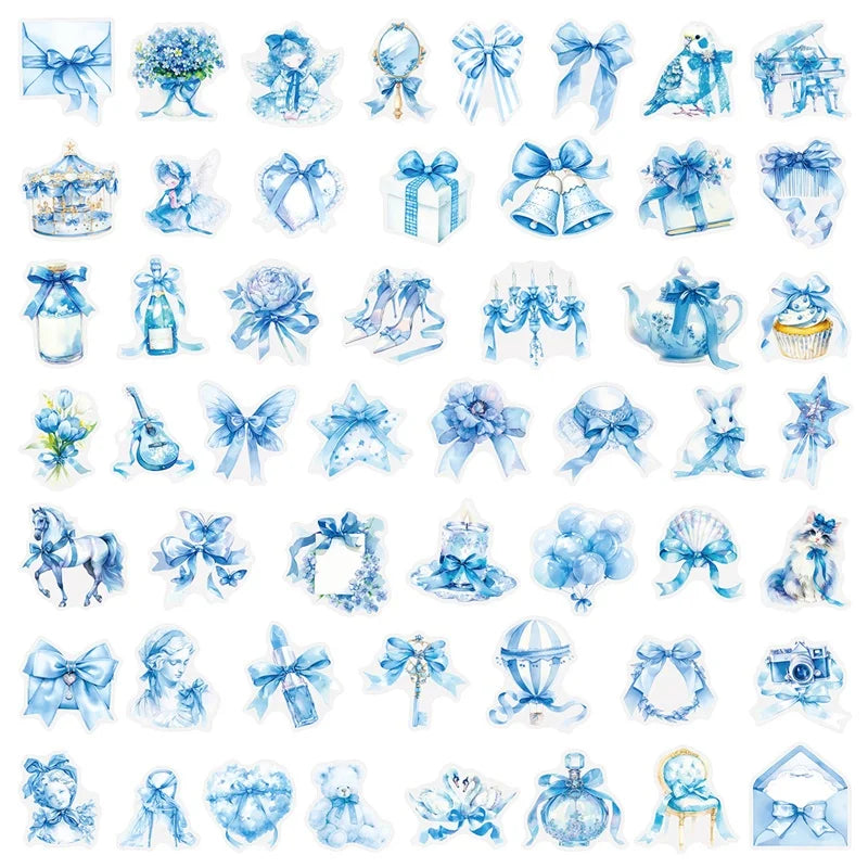 50PCS Kawaii Blue Bow PET Sticky Sticker Aesthetic Tear Open Korean Decoration Scrapbooking Stationery Supplies for Kids