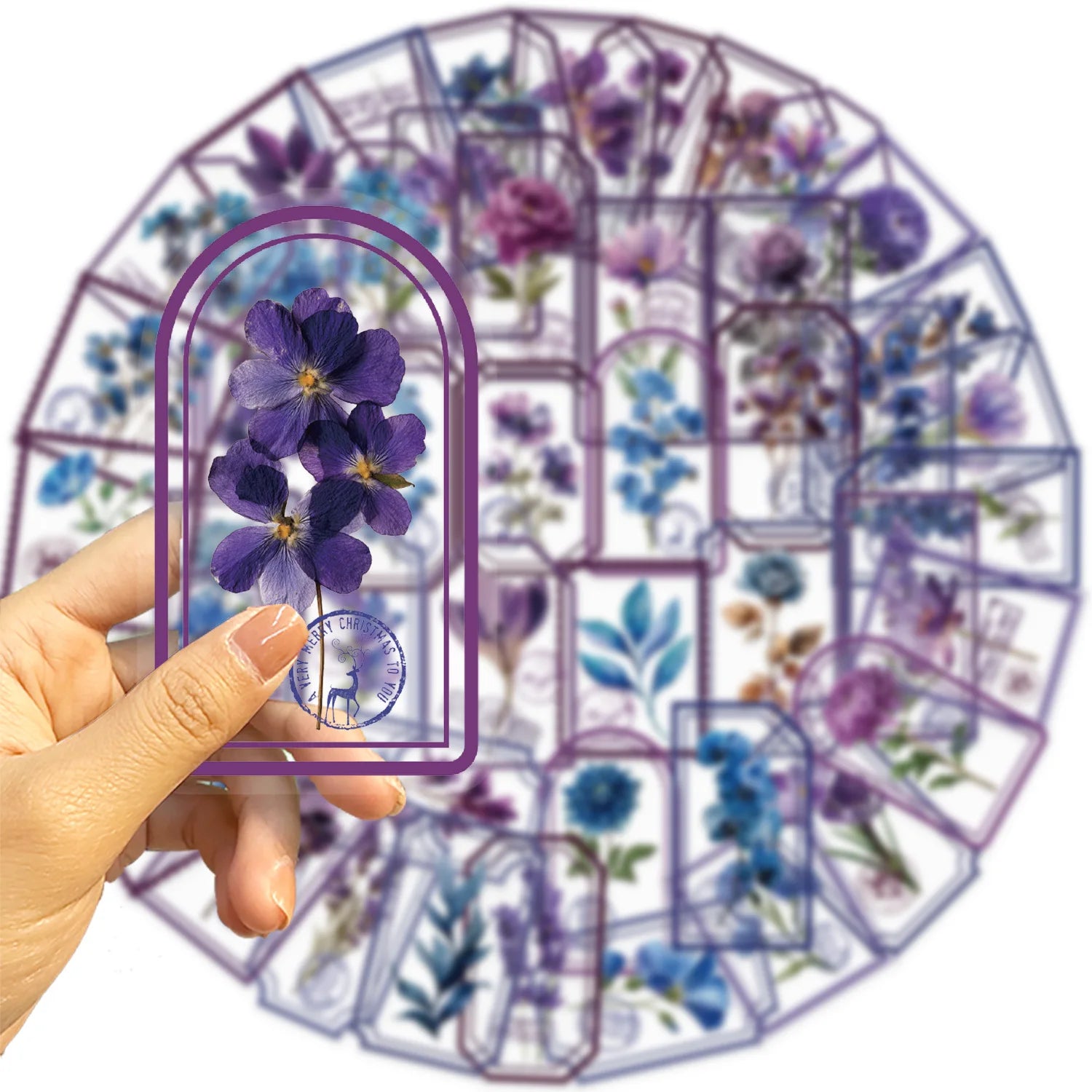 50/100PCS Waterproof Transparent PET Decorative Guitar Notebook Stationery Stickers Cartoon Purple Flower Stickers Pack