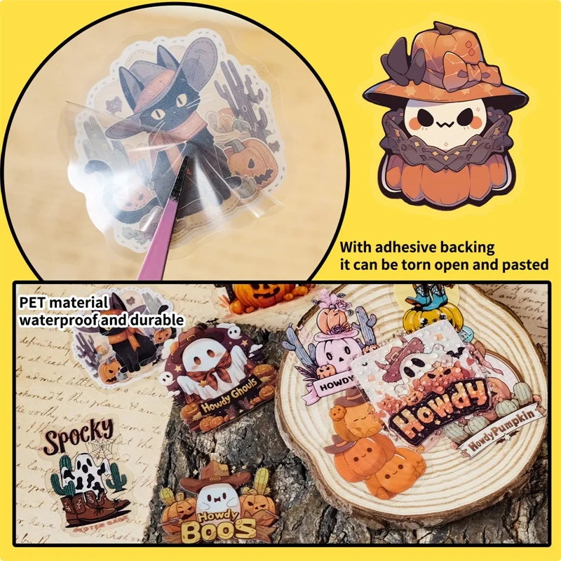 56PCS Cartoon Halloween PET Sticky Sticker Aesthetic Tear Open DIY Decoration Scrapbooking Sketchbook Supplies for Kids