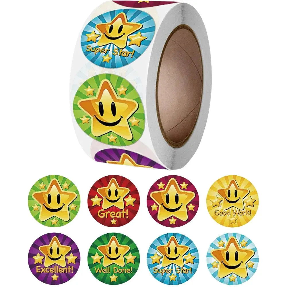 500Pcs/Roll Cartoon Stars Smile Reward Encourage Stickers,2.5cm/1.0inch Round Perfect For Learning Rewards Game Party Gift Seal