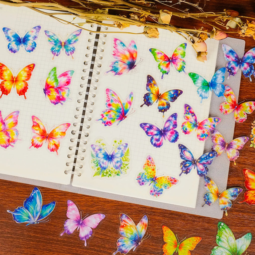56PCS Watercolor Rainbow Butterfly PET Stickers, Dreamy Gradient Painted Insect Stationery Helmet Decorative Art Sticker