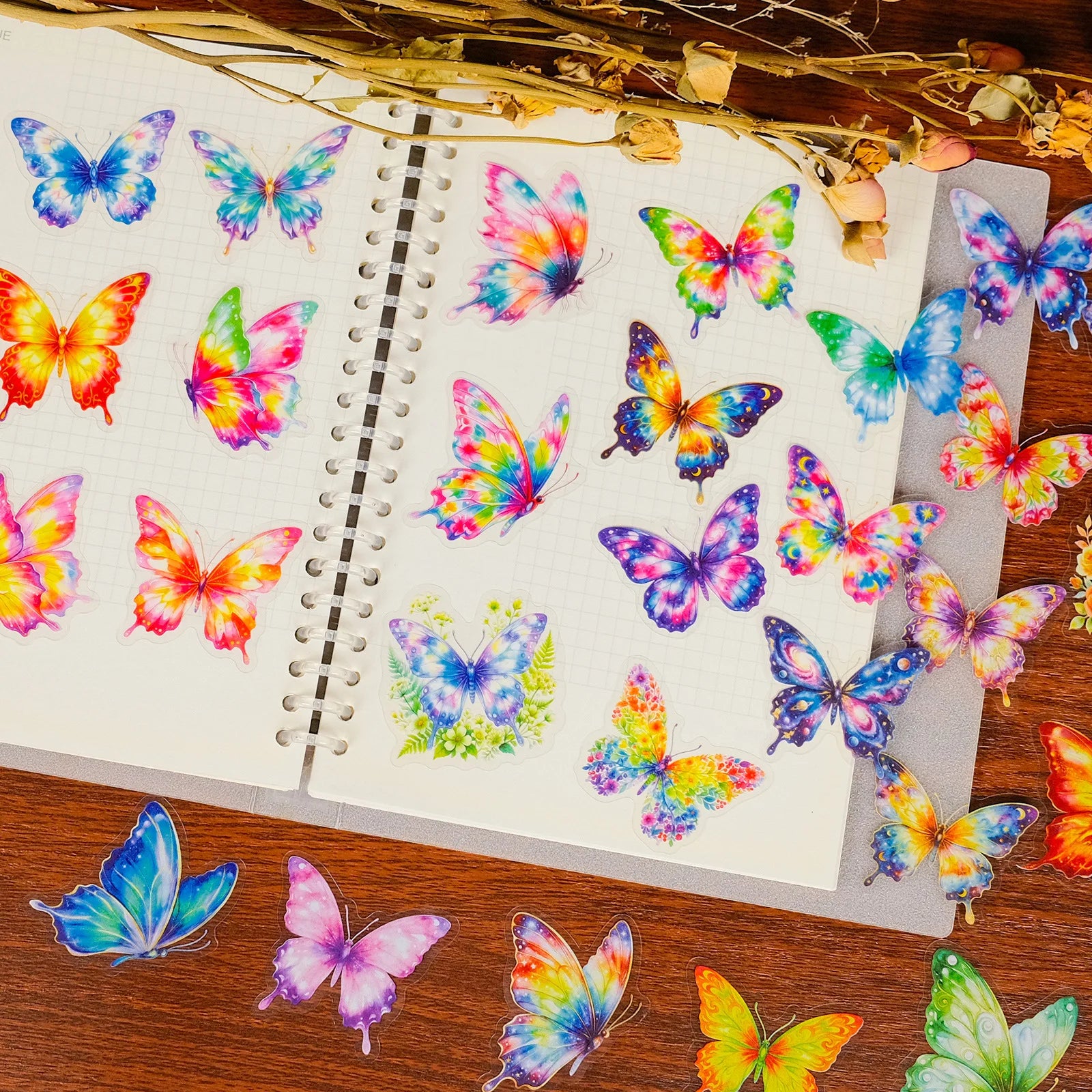 56PCS Watercolor Rainbow Butterfly PET Stickers, Dreamy Gradient Painted Insect Stationery Helmet Decorative Art Sticker