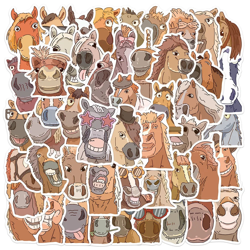 50-Pack Cartoon Horse Fun Emotion Doodle Stickers for Student Stationery Guitar Notebook Luggage DIY Waterproof Decals
