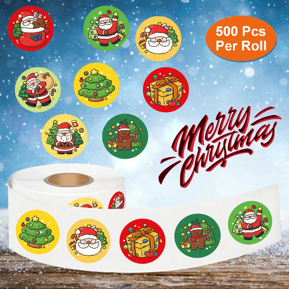 500Pcs/Roll 8 Designs Christmas Theme Elks Santa Claus, Christmas Trees Stickers 2.5cm/1.0'' Beautiful Merry Christmas Decals