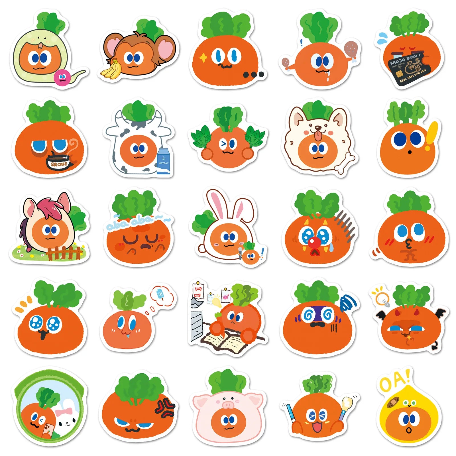 50-Pack Cartoon Carrot DIY Graffiti Stickers Waterproof Decorations for Students Notebooks Laptops Suitcases Fridge