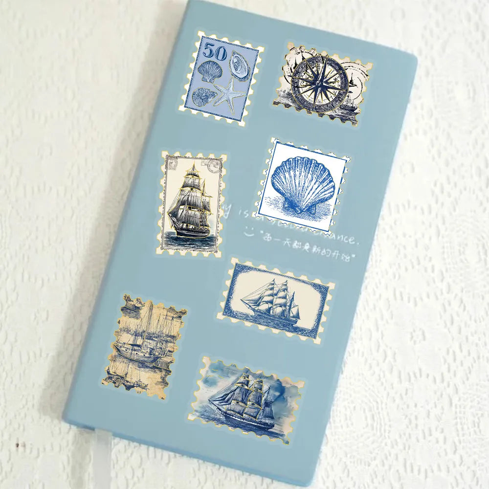 50PCS Composite Marine Blue Stamp Decoration Stickers Computer Scrapbook Refrigerator Phone Case Decoration Hot Stamping Sticker
