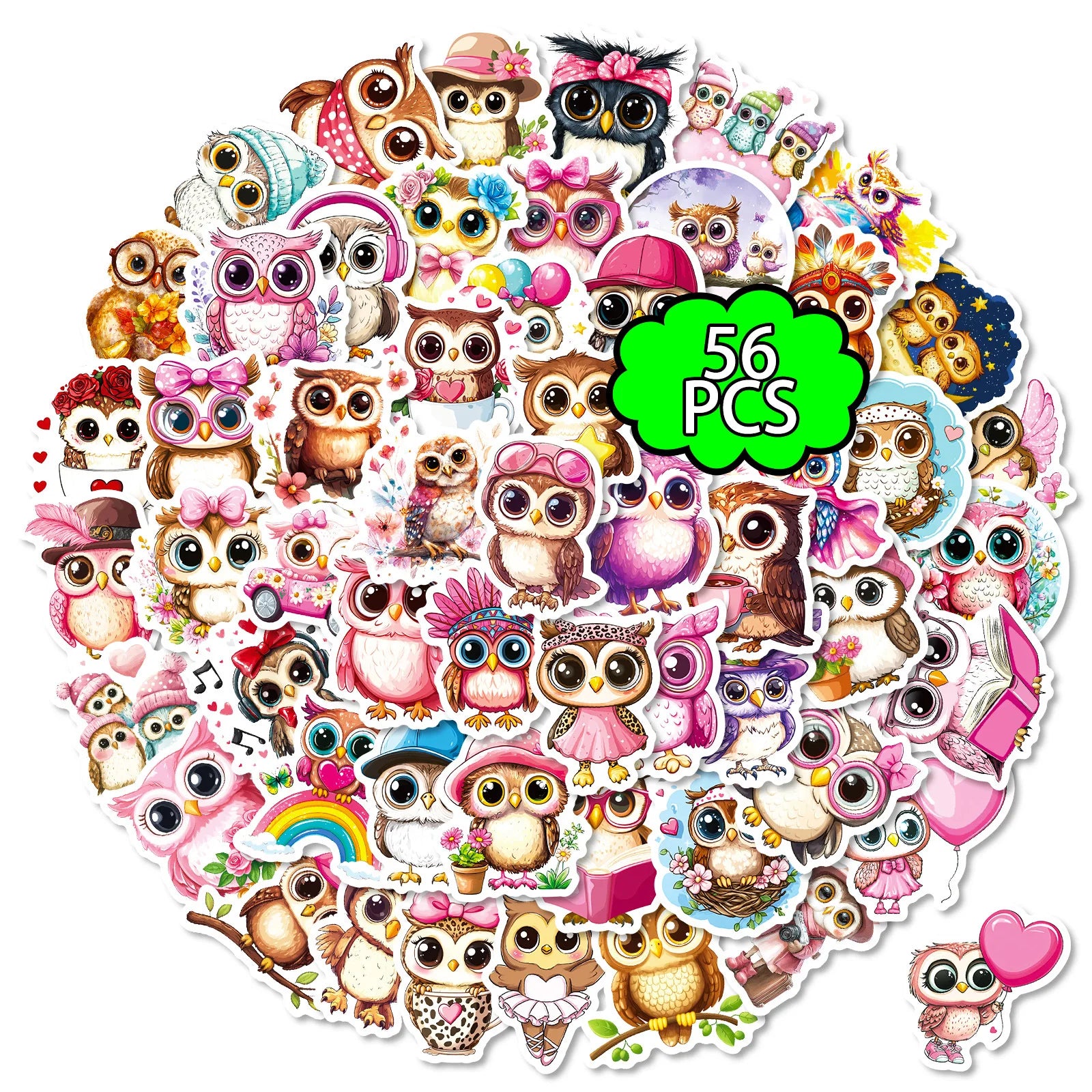56/112 Pcs Pink Big Eye Owl Cute Doodle Stickers DIY for Scrapbook Notebook Stationery Box Phone Lunch Box Reward Decals