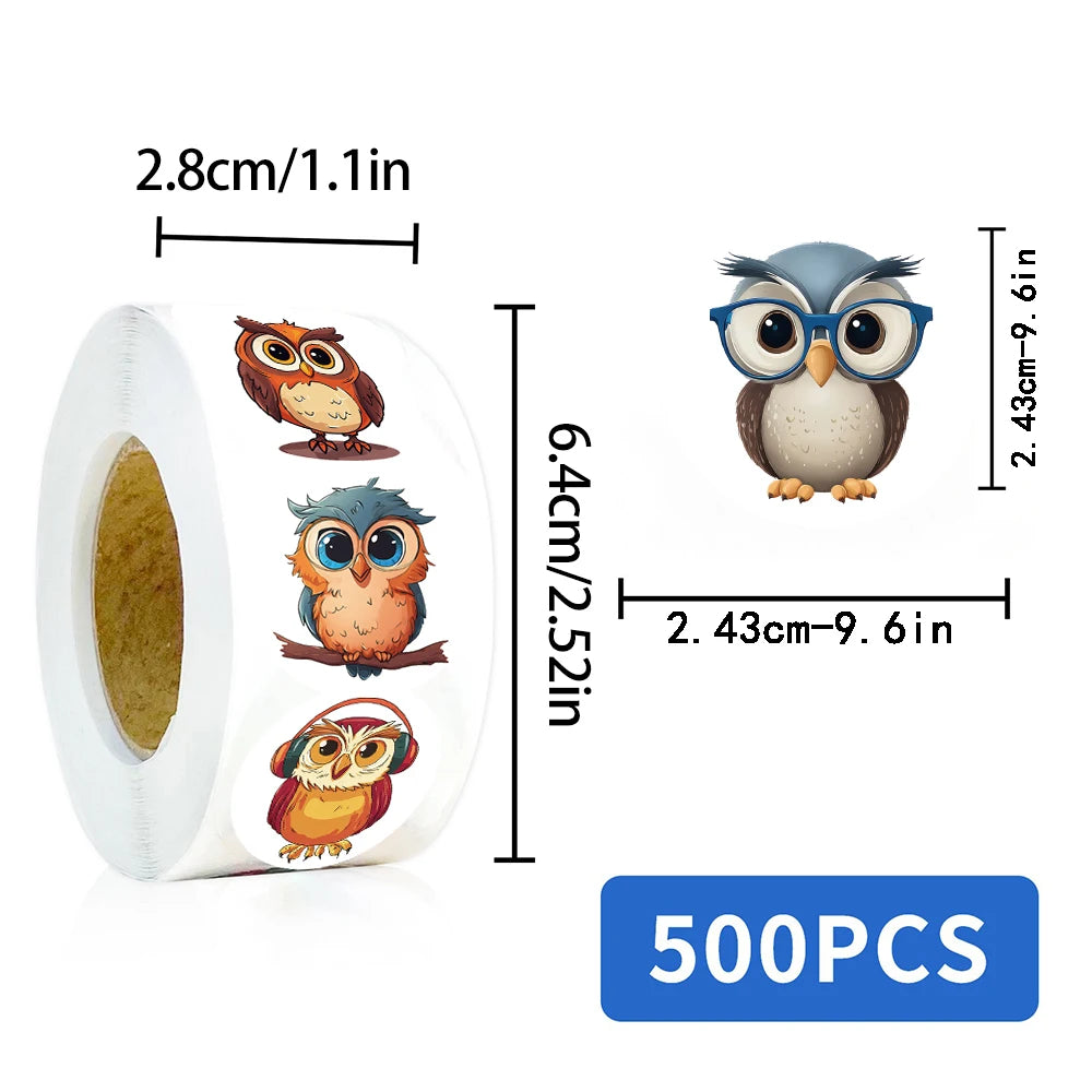 500Pcs/roll Kawaii Cartoon Owl Sticker Creativity Notebook Aesthetic Cute Bird Luggage Motorcycle Notebook Laptop Stickers