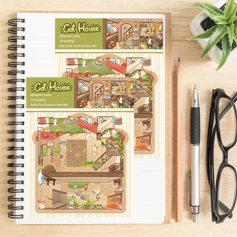 2PCS Notebook Cartoon Cat House Landscape Creation Sticker Aesthetic Scrapbook Suitcase Coffee Stationery Bumper Paper Stickers