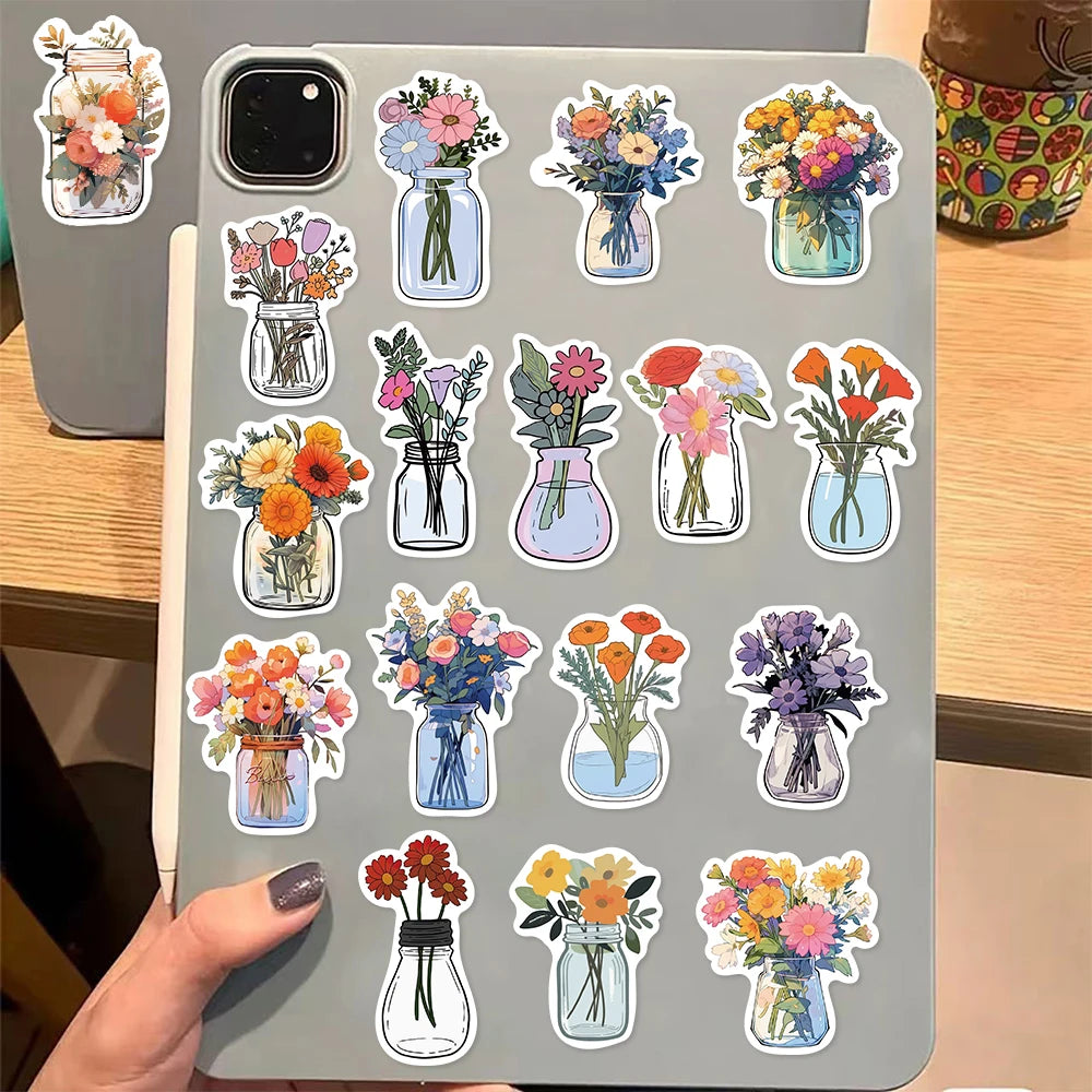 50PCS Color Bottle Flower Sticker Pack Waterproof Stickers DIY Brochure Flower Material Decoration Notebook Waterproof Stickers