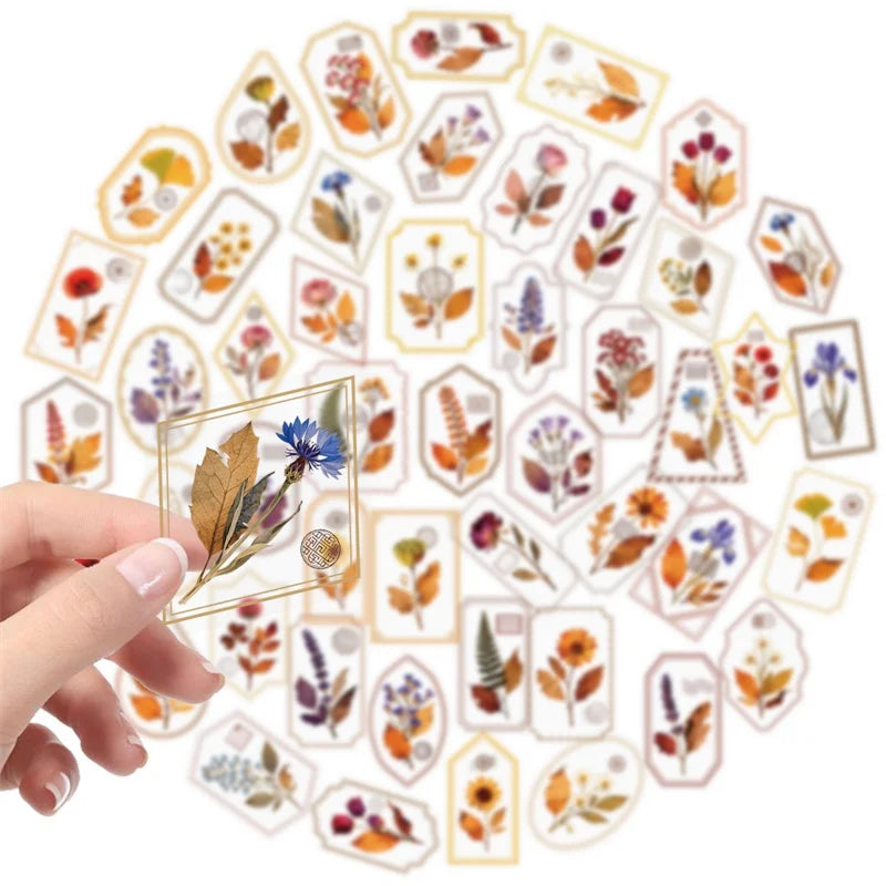 56PCS Vintage Autumn Flowers PET Phone Sticker Aesthetic Tear Open Decoration DIY Colored Laptop Luggage Graffiti Decals