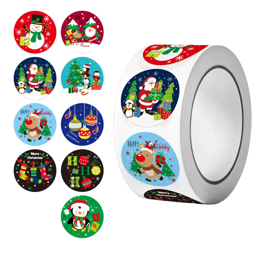 500Pcs/Roll Happy New Year Christmas Stickers 2.5cm/1.0in DlY Merry Christmas Decoration Label Perfect For Adorning Gift