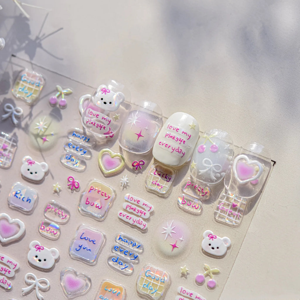Sweet Puppy Dog Happy Day Cute Cherry star Rich Pink Love Heart Pretty Bowknot 5DNail Art Sticker Self Adhesive Manicure Decal