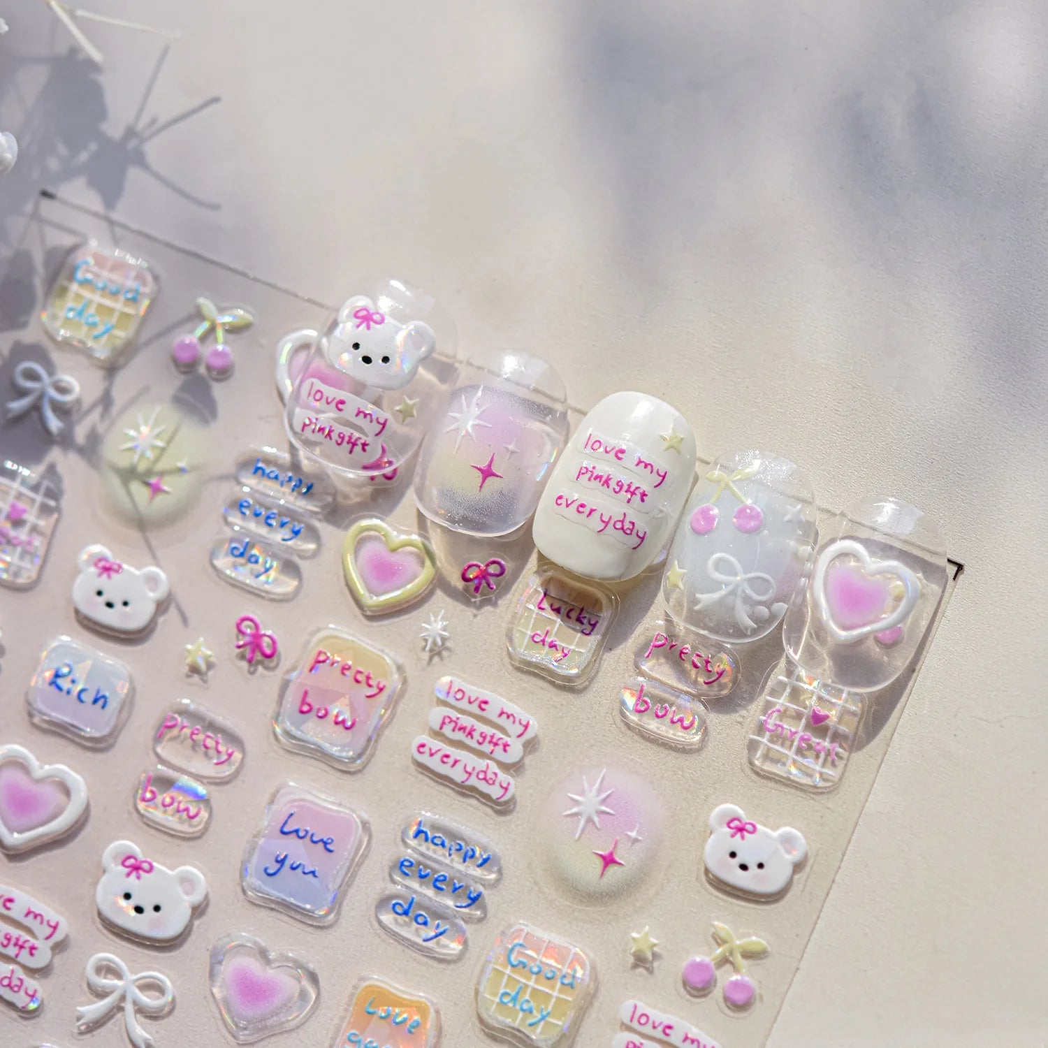 Sweet Puppy Dog Happy Day Cute Cherry star Rich Pink Love Heart Pretty Bowknot 5DNail Art Sticker Self Adhesive Manicure Decal